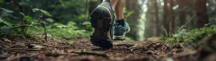 Zelfklevend Fotobehang Runner's foot on a forest path, close-up showing detailed texture of the trail and shoe, adventure running © pantip