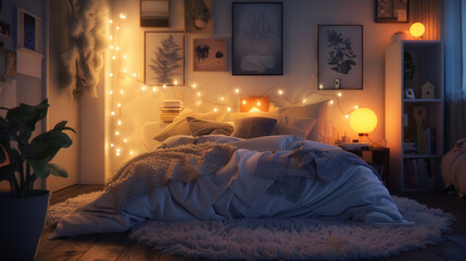 Serene bedroom, fluffy bedding, and a soft rug, fairy lights and framed photos in the background for a cozy ambiance - obrazy, fototapety, plakaty