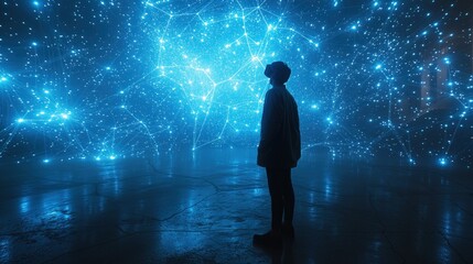 person standing amidst a dazzling network of lights