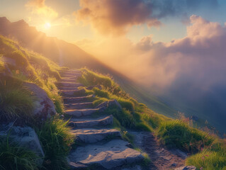 Sunrise over a mountain, illuminating steps carved into the hillside, each a milestone in the journey of growth and motivation - obrazy, fototapety, plakaty