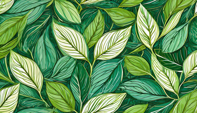 Watercolor illustration of lush green leaves. Abstract foliage pattern. Hand drawn art
