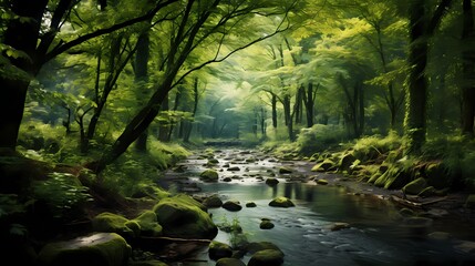 A serene forest clearing with a crystal-clear stream flowing through it, surrounded by lush greenery.