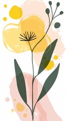 Abstract minimalistic scandinavian botanical art with warm color tones. A delicate composition of floral and foliage elements intertwined with abstract warm colored shapes and subtle brushstrokes