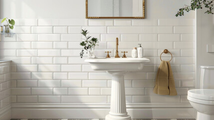 A vintage-inspired bathroom featuring subway tiles, a pedestal sink, and brass hardware for a timeless look