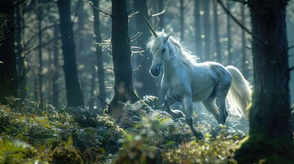 Galloping unicorn in a serene forest scene - An elegant white unicorn gallops through a peaceful forest, with soft light filtering through the trees