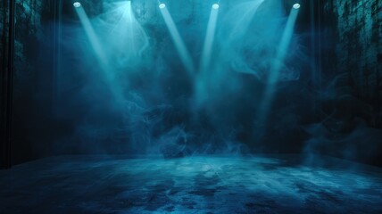 Eerie stage with spotlight and smoke - A spooky stage with harsh spotlights cutting through thick smoke, giving off an eerie, haunted vibe