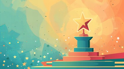 illustration of an abstract trophy with star and geometric shapes, set against a vibrant background with scattered stars,  - obrazy, fototapety, plakaty