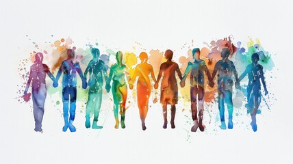Obraz premium Colorful silhouette of human figures in a row - A vibrant display of human figures in various hues symbolizing diversity and unity in an abstract watercolor style