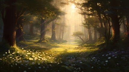 Obraz premium A secret forest clearing bathed in golden sunlight, with tall grass and wildflowers swaying in the gentle breeze.