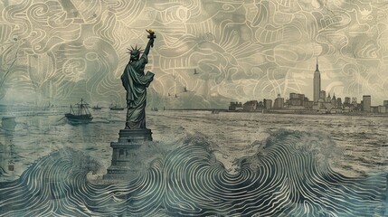 Vintage-style artistic rendering of the Statue of Liberty with nautical elements, overlooking the...