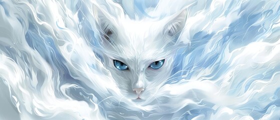  A portrait of a snow-white feline with piercing blue eyes against a backdrop of azure and ivory - obrazy, fototapety, plakaty
