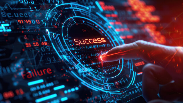 Futuristic interface with success and failure - This image features a high-tech digital interface with the words 'Success' and 'Failure' highlighted, symbolizing the thin line between triumph and defe