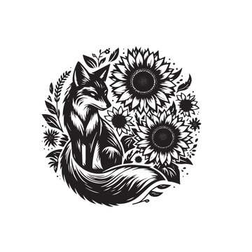 sunflower with fox vector silhouette illustration