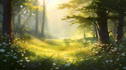 A secret forest clearing bathed in golden sunlight, with tall grass and wildflowers swaying in the gentle breeze.