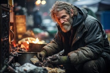 A bearded man is seen cooking something in a pot outdoors, possibly over a fire or stove. He appears focused on his task, stirring the contents inside the pot - obrazy, fototapety, plakaty