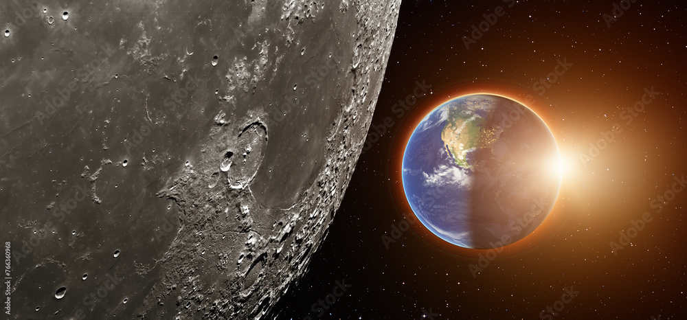 Poster spectacular lunar eclipse and view from the lunar (moon) surface and night view of america continent