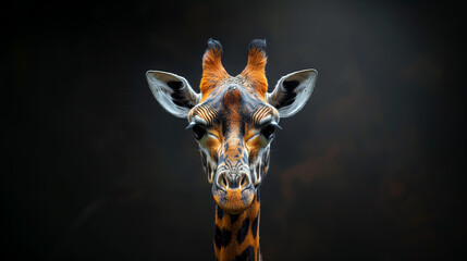 Portrait of a giraffe on dark background. 