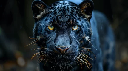 Tuinposter Portrait of a black panther on dark background.  © Andrea Raffin