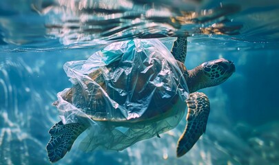Turtle in the sea with plastic bag trash stuck in its body. Plastic pollution problem. World oceans day concept. Environmental concept