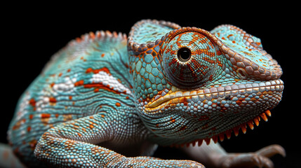 Fototapeta premium Portrait of a chameleon on dark background. 