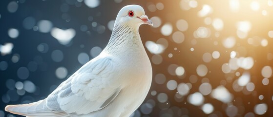  A white pigeon perched on a wooden table amidst a blue-and-white background, adorned with snowflakes