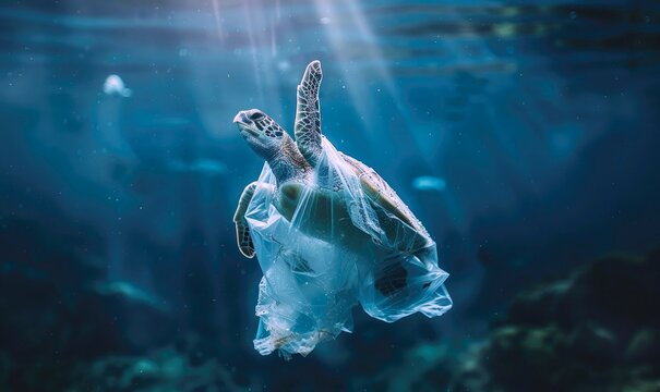 Turtle in the sea with plastic bag trash stuck in its body. Plastic pollution problem. World oceans day concept. Environmental concept