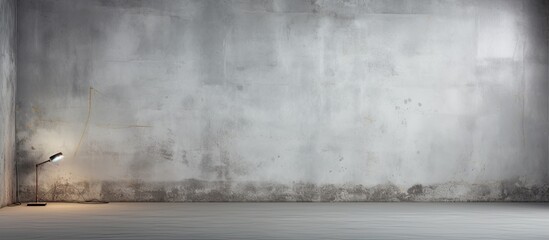 An empty room with a concrete wall, a lamp on the floor, and hints of grey tints resembling a natural landscape with a cloudy horizon