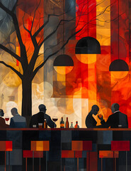 a painting of people sitting at a bar drinking wine
