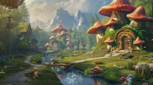 Illustration of Fairies and Whimsical Village seamless looping time-lapse virtual 4k video animation background.