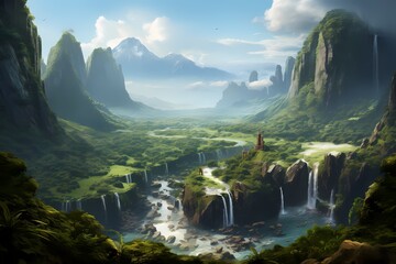 A picturesque waterfall flowing through a hidden mountain valley, surrounded by a sea of lush greenery