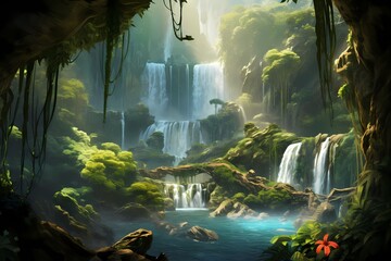 A picturesque waterfall flowing through a hidden mountain valley, surrounded by a sea of lush greenery - obrazy, fototapety, plakaty
