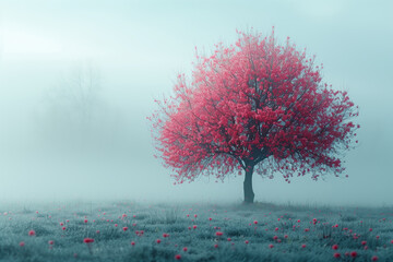 A tree with red leaves standing in a misty field - Powered by Adobe