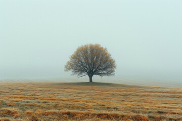 A lone tree stands amidst thick fog in an open field