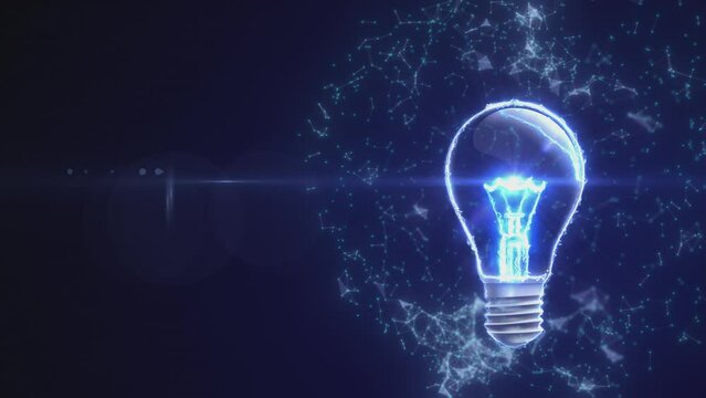 Abstract blue business idea creative technology concept idea. Light bulb, blue energy, explosion with particles and lines. Technology background. Place for text