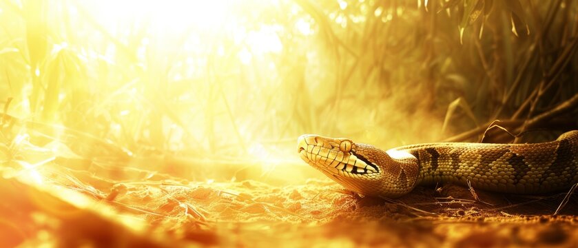  A high resolution, clear photo of a close-up snake on the grass under the bright sunlight