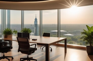 a working home office with a laptop on the table and a panoramic window overlooking the city