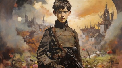 A young boy is standing in a field with a gun. The sky is orange and the background is a city with a castle - obrazy, fototapety, plakaty