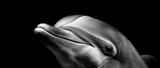  Black & white image of dolphin head w/open mouth & closed eyes