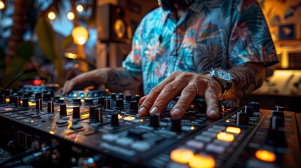 Summer Music Festival: 12-Year-Old DJ Ignites Blue Hawaiian Party with Dance Crowd Generative AI - obrazy, fototapety, plakaty