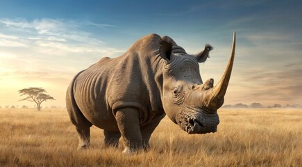 Fototapeta premium A white rhino/rhinoceros is grazing in an open field