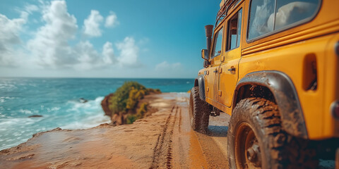 a yellow jeep is driving on a beach with the ocean in the background.