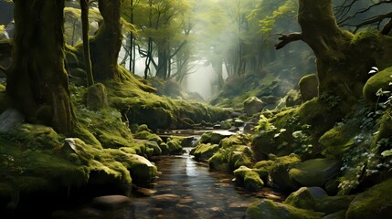 A peaceful forest glen with a carpet of soft moss and wildflowers, creating a serene and picturesque scene.