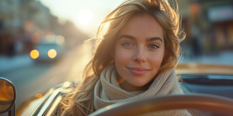 Close-up portrait of a beautiful young woman in a vintage car