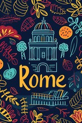 Vibrant Icon Style Digital Illustration of Rome with Central Text Generative AI