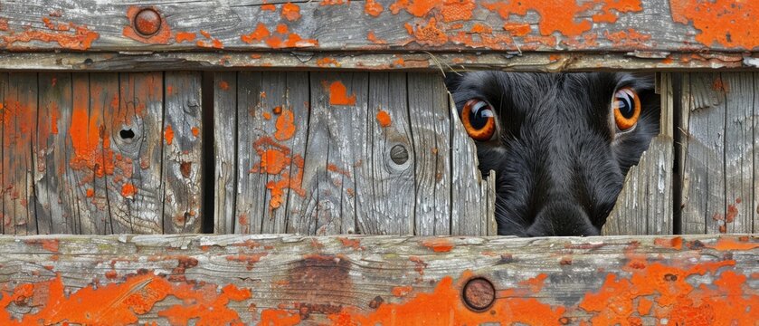  Goat peeking through wooden fence with painted orange background