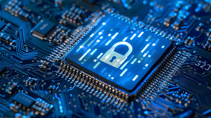 Blue circuit board closeup connected to a cpu with a glowing padlock symbol on top cybersecurity concept