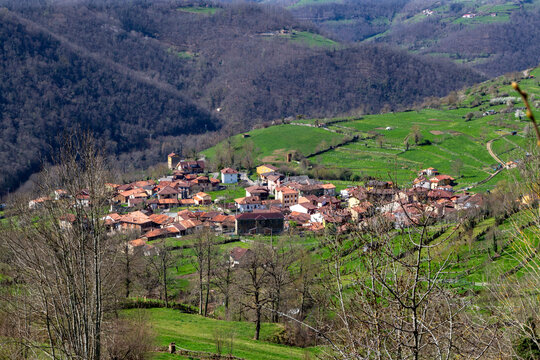 View of the village of Pelugano de Barrobaxo in the Pe&ntilde;a Mea docks. Aller, Asturias, Spain.