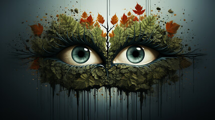 Vibrant blue eyes peek out from a face of earthy textures and dripping dark tendrils that is eerie and mystical. Autumn leaves sprout from the mask inspired by nature. AI generated. - obrazy, fototapety, plakaty