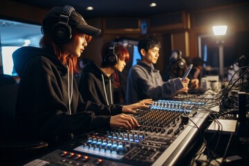 A K-pop songwriting camp bringing together talented composers and lyricists to create hit songs for idol groups - obrazy, fototapety, plakaty