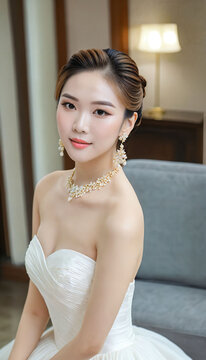 Thai beautiful young woman wearing a white wedding dress, sitting on a chair and posing for a picture., generative AI